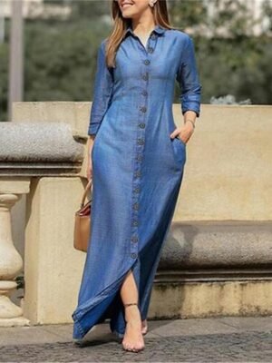 Formal Regular Fit Plain Shirt Collar Long Sleeve Maxi Dress - Image 3