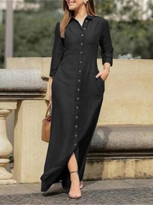 Formal Regular Fit Plain Shirt Collar Long Sleeve Maxi Dress - Image 4