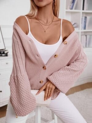 Formal Regular Pure V Neck Lantern Sleeve Long Cardigan - Image 1