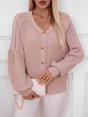 Formal Regular Pure V Neck Lantern Sleeve Long Cardigan - Image 3