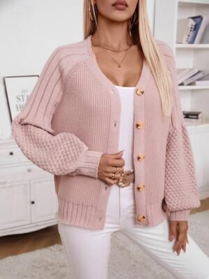 Formal Regular Pure V Neck Lantern Sleeve Long Cardigan - Image 4