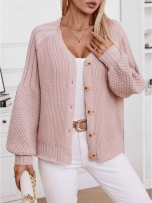 Formal Regular Pure V Neck Lantern Sleeve Long Cardigan - Image 5