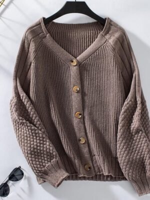 Formal Regular Pure V Neck Lantern Sleeve Long Cardigan - Image 7
