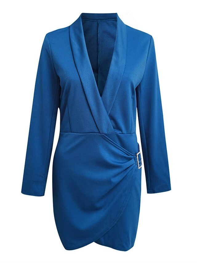 Formal Ruched Shirt Collar Long Sleeve Mini Dress - Image 2