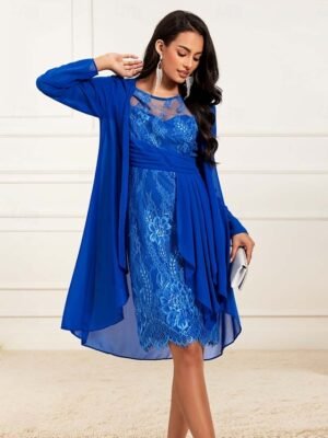 Formal Ruched Solid Crew Neck Short Sleeve Mini Knee Length Dress - Image 3