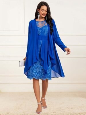 Formal Ruched Solid Crew Neck Short Sleeve Mini Knee Length Dress - Image 4