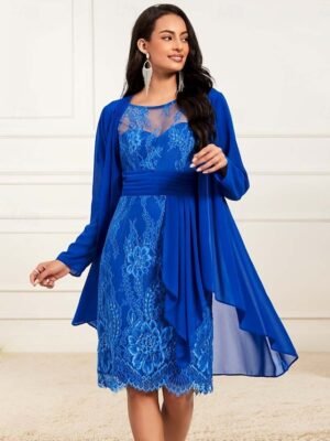 Formal Ruched Solid Crew Neck Short Sleeve Mini Knee Length Dress - Image 5