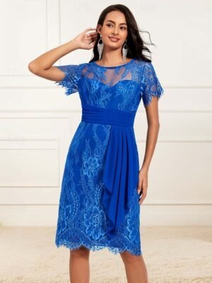 Formal Ruched Solid Crew Neck Short Sleeve Mini Knee Length Dress - Image 6
