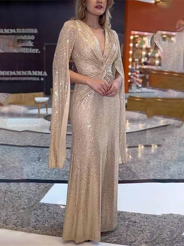 Glamorous Fitted Sequin V Neck Long Sleeve Maxi Dress - Image 1