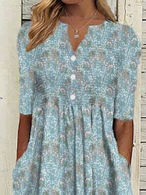Graphic Midi Floral V Neck Short Sleeve Dress - Image 2