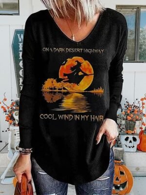 Halloween Loose Fit Ghost Print V Neck Long Sleeve Tunic - Image 2