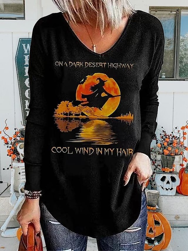Halloween Loose Fit Ghost Print V Neck Long Sleeve Tunic - Image 2