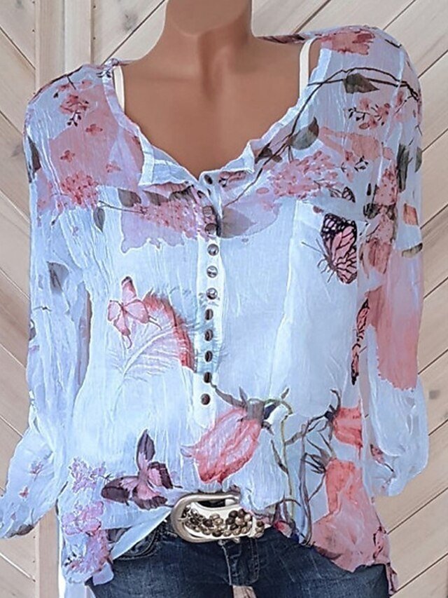 Holiday Loose Floral Shirt Collar Long Sleeve Regular Blouse - Image 2