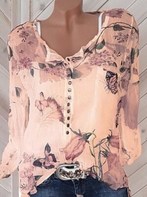 Holiday Loose Floral Shirt Collar Long Sleeve Regular Blouse - Image 4