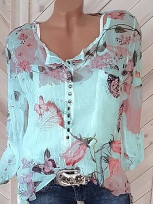 Holiday Loose Floral Shirt Collar Long Sleeve Regular Blouse - Image 5