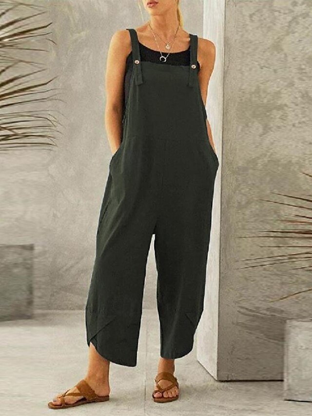Holiday Loose Solid Square Neck Sleeveless Straight Dungarees - Image 1