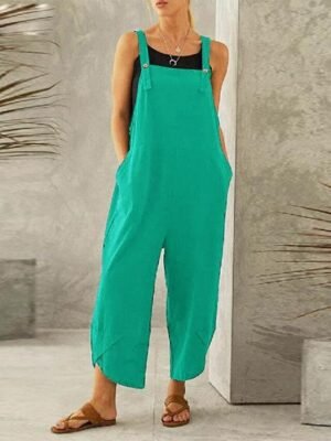 Holiday Loose Solid Square Neck Sleeveless Straight Dungarees - Image 4