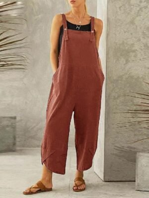 Holiday Loose Solid Square Neck Sleeveless Straight Dungarees - Image 6
