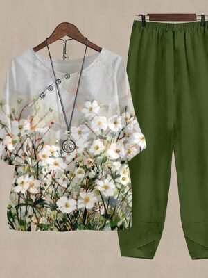 Holiday Regular Fit Floral Round Neck Long Sleeve Two Piece Set - Image 1