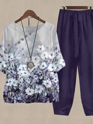 Holiday Regular Fit Floral Round Neck Long Sleeve Two Piece Set - Image 2