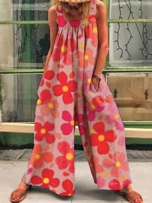 Holiday Regular Fit Floral Square Neck Sleeveless Wide Leg Jumpsuit - Image 1