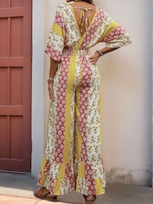 Holiday Regular Fit Floral V Neck 3/4 Sleeve High Waist Jumpsuit - Image 2