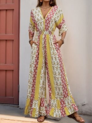 Holiday Regular Fit Floral V Neck 3/4 Sleeve High Waist Jumpsuit - Image 5