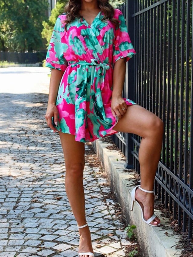 Holiday Regular Fit Floral V Neck Half Sleeve Romper - Image 1
