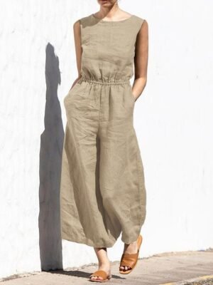 Holiday Regular Fit Solid Crew Neck Sleeveless Jumpsuit - Image 1