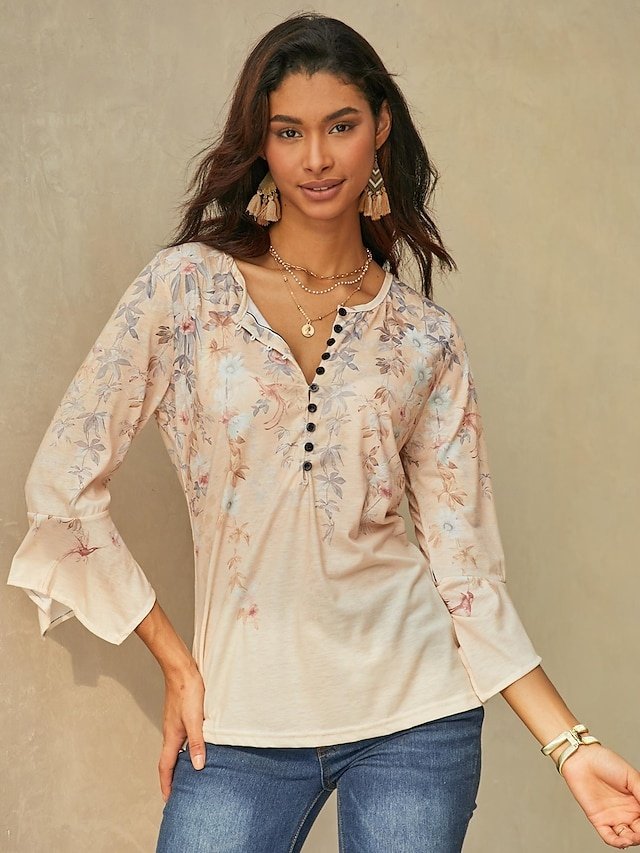 Holiday Regular Floral Round Neck 3/4 Length Sleeve Top - Image 1