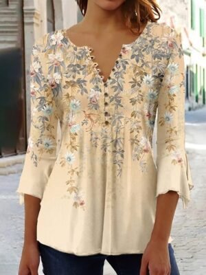 Holiday Regular Floral Round Neck 3/4 Length Sleeve Top - Image 2