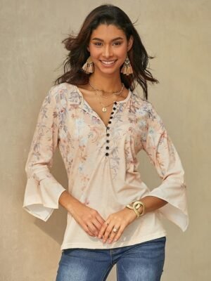 Holiday Regular Floral Round Neck 3/4 Length Sleeve Top - Image 3