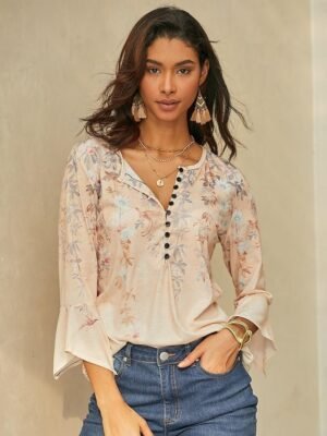 Holiday Regular Floral Round Neck 3/4 Length Sleeve Top - Image 4