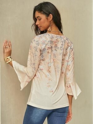 Holiday Regular Floral Round Neck 3/4 Length Sleeve Top - Image 6