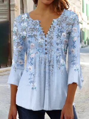 Holiday Regular Floral Round Neck 3/4 Length Sleeve Top - Image 7