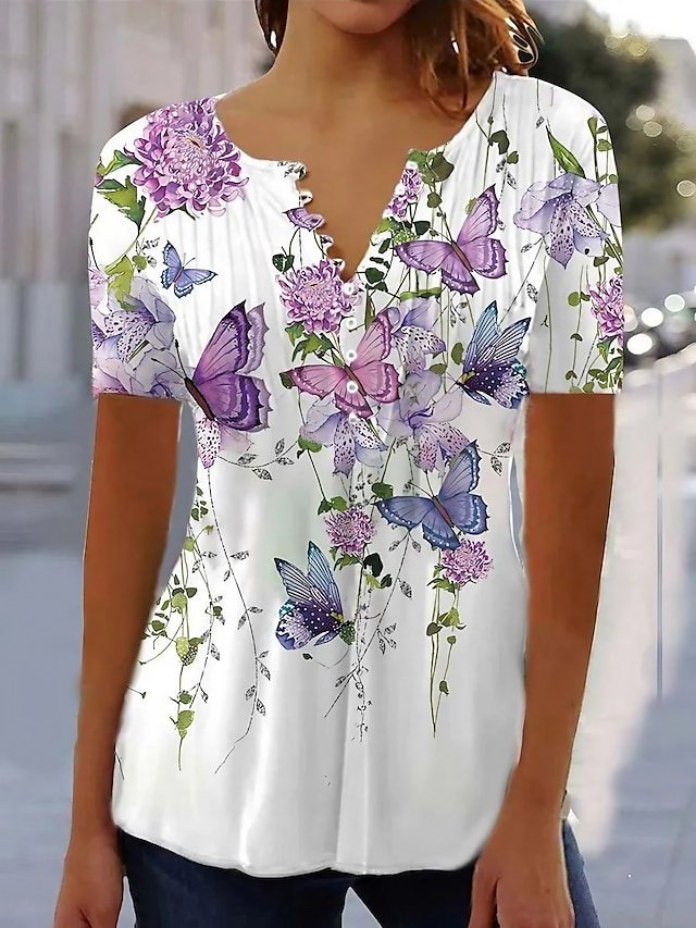 Holiday Regular Floral Round Neck Short Sleeve Tunic Top - Image 1