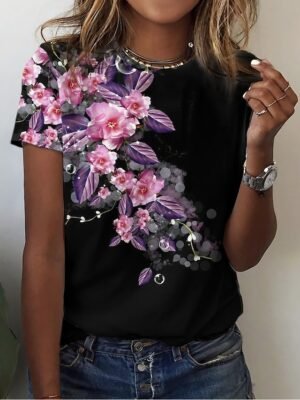 Holiday Regular Floral Round Neck Short Sleeve Top - Image 1