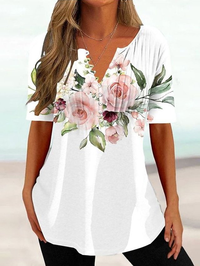 Holiday Regular Floral Round Neck Short Sleeve Tunic Top - Image 2
