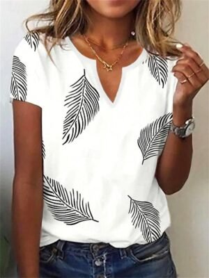Holiday Regular Leaf Print V Neck Short Sleeve Tops - Image 1