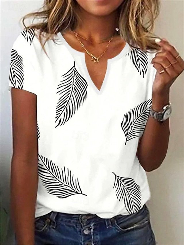 Holiday Regular Leaf Print V Neck Short Sleeve Tops - Image 1