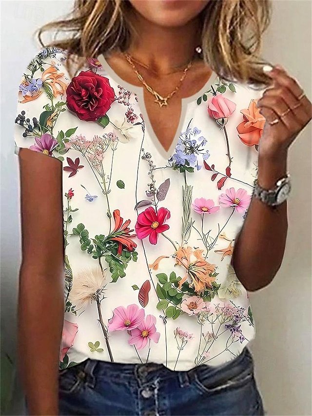 Holiday Regular Leaf Print V Neck Short Sleeve Tops - Image 2
