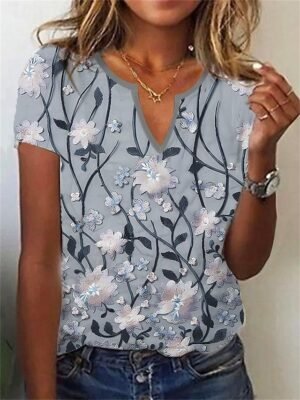 Holiday Regular Leaf Print V Neck Short Sleeve Tops - Image 3