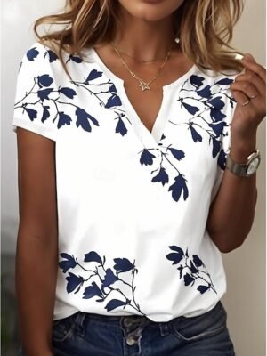 Holiday Regular Leaf Print V Neck Short Sleeve Tops - Image 5