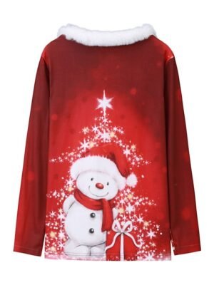 Holiday Regular Print V Neck Long Sleeve Fur Collar Top - Image 2