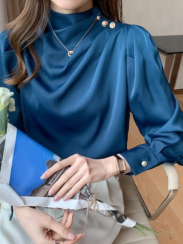 Mature Regular Plain Turtleneck Long Sleeve Blouse - Image 1