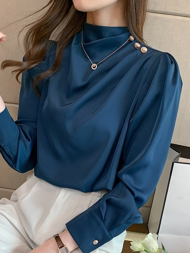 Mature Regular Plain Turtleneck Long Sleeve Blouse - Image 2