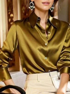 Mature Regular Solid Colour Shirt Collar Long Sleeve Tops - Image 2