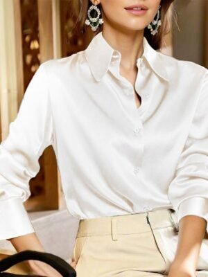 Mature Regular Solid Colour Shirt Collar Long Sleeve Tops - Image 3