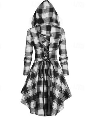 Modern Casual Plaid Hooded Zipper Long Coat - Image 5