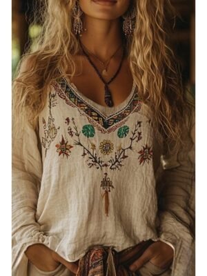 Modern Casual Print V Neck Long Sleeve Regular Boho Blouse - Image 1